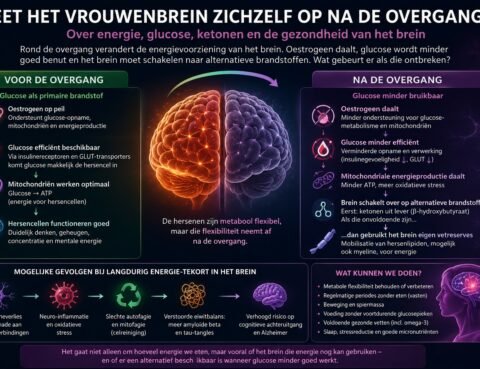 Vrouwenbrein na de overgang met uitleg over glucose, ketonen en energievoorziening